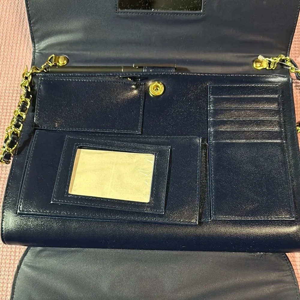 Vintage Elegant Blue Mirror Pocket Book Purse Chain Strap Check Book Women's Bag